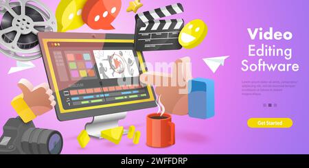 3D Conceptual Illustration of Video Editing Software, Motion Design Studio, Multimedia Production. Stock Vector