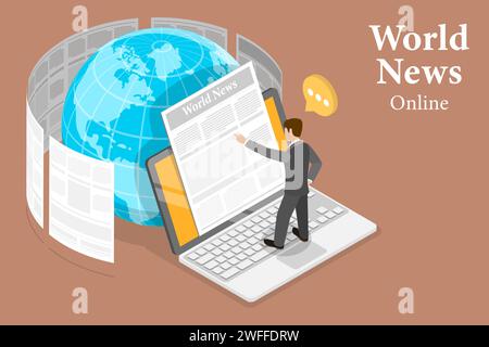 3D Isometric Flat Vector Conceptual Illustration of Online Latest News, International Breaking News. Stock Vector
