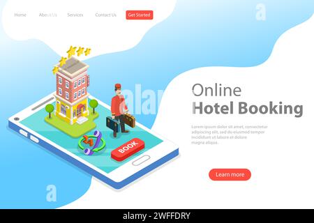 Flat isometric vector landing page template of booking hotel online, apartment search and reservation. Stock Vector