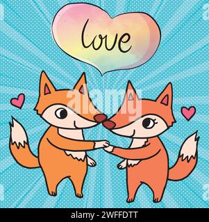 Cute couple fox love pop art style Stock Vector