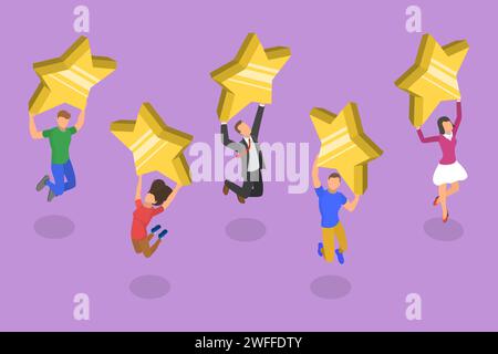 3D Isometric Flat Vector Conceptual Illustration of Customer Satisfaction and Reveiw, Five Stars Rating, Positive Client Feedback. Stock Vector