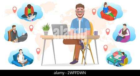 3D Isometric Flat Vector Conceptual Illustration of Global Outsource Services, Company Remote Management, Distributed Team, Freelance Project, Distant Stock Vector