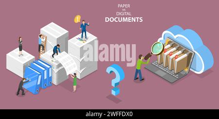 3D Isometric Flat Vector Conceptual Illustration of Paper VS Digital Documents, Pros and Cons. Stock Vector