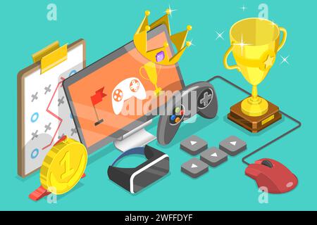3D Isometric Flat Vector Conceptual Illustration of eSport Competition, Video Games and Cybersport Training. Stock Vector