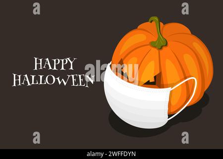 Happy Corona Halloween 2020, Pumpkin with Face Mask on it. 3D Isometric Flat Vector Conceptual Illustration. Stock Vector