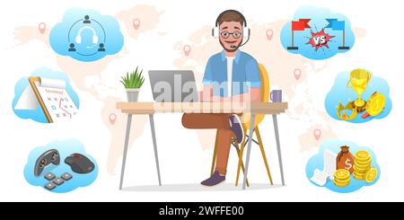 3D Isometric Flat Vector Conceptual Illustration of Steps of Cybersport Professional Player Development. The Steps are Training, Strategy, Teamwork, C Stock Vector