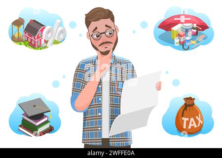 3D Isometric Vector Conceptual Illustration of Upaid Bills or Loan Debt, Money Troubles, Financial Problems, Business Crisis and Bankruptcy. Stock Vector
