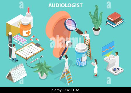 3D Isometric Flat Vector Conceptual Illustration of Audiology, Deafness and Hearing Loss Treatment. Stock Vector