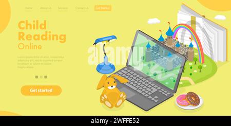3D Isometric Flat Vector Conceptual Illustration of Child Reading Online, E-learning and Education. Stock Vector