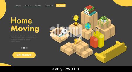 3D Isometric Flat Vector Landing Page Template of House Moving and Relocation Service. Stock Vector
