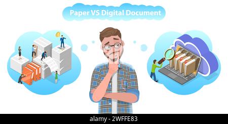 3D Isometric Flat Vector Conceptual Illustration of Paper VS Digital Documents, Advantages of a Paperless Office. Stock Vector