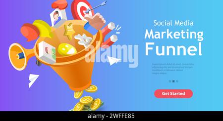 3D Vector Conceptual Illustration of Social Media Marketing Funnel, Lead Generation Strategy. Stock Vector