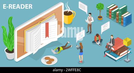 3D Isometric Flat Vector Conceptual Illustration of Digital Reader, Online Library, Distance Education. Stock Vector