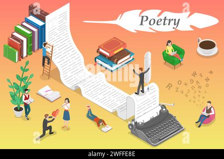 3D Isometric Flat Vector Conceptual Illustration of Poetry, Story Writing and Reading. Stock Vector