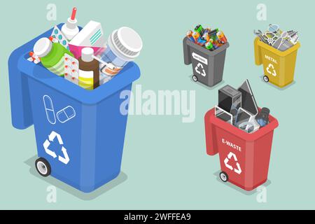 3D Isometric Flat Vector Concept of Sorting Waste for Recycling, Colored Waste Bins With Trash, Different Types of Garbage: Medicine, Metal, E-waste, Stock Vector