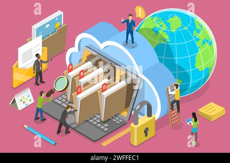 3D Isometric Flat Vector Conceptual Illustration of Document Management System, Searching Files in Organized Archive. Stock Vector