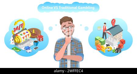 3D Isometric Flat Vector Conceptual Illustration of Online Gambling vs Traditional Gambling, Pros and Cons Stock Vector