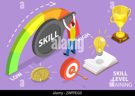 3D Isometric Flat Vector Conceptual Illustration of Skill Level Training, Skills Enhancement and Professional Development. Stock Vector
