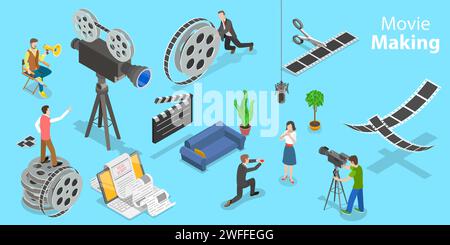 3D Isometric Flat Vector Conceptual Illustration of Movie Making Process. Stock Vector