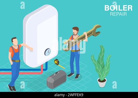 3D Isometric Flat Vector Conceptual Illustration of Boiler Repair, Heating System Installation Stock Vector