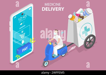 3D Isometric Flat Vector Conceptual Illustration of Ensuring Safe Medicine Delivery, Medical Courier Service Stock Vector