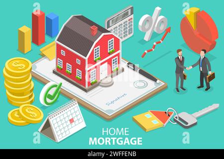 3D Isometric Flat Vector Conceptual Illustration of Mortgage, Real Estate Deal, Home Loan Agreement Stock Vector