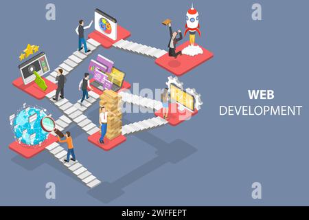 3D Isometric Flat Vector Conceptual Illustration of Web Development, Creating Websites and Mobile Apps. Stock Vector