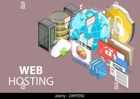 3D Isometric Flat Vector Conceptual Illustration of Web Hosting Service. Stock Vector