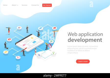 Isometric flat vector landing page template of web services agency, website builder, site constructor, software deveolpment. Stock Vector