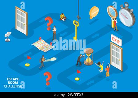 3D Isometric Flat Vector Conceptual Illustration of Escape Room Challenge, People with Flashlight, Map, Magnifying Glass are Searching the Exit. Stock Vector