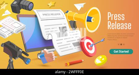 3D Vector Conceptual Illustration of Internet Press Release, News Service, Digital Marketing Campaign. Stock Vector