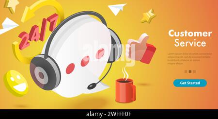3D Isometric Flat Vector Conceptual Illustration of Customer Service, Call Center, User Support Hotline. Stock Vector