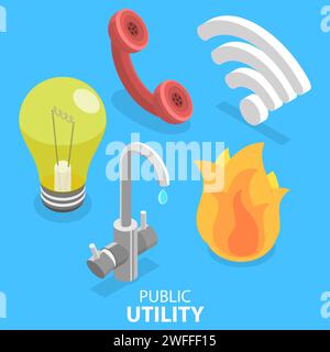 3D Isometric Flat Vector Illustration of Utility Services Icon Set, Electricity, Water, Gas, Wifi, Telephone. Stock Vector