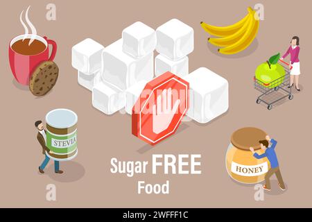 3D Isometric Flat Vector Conceptual Illustration of Sugar Free Food, Natural Sweeteners. Stock Vector