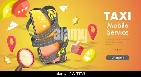 3D Isometric Flat Vector Conceptual Illustration of Mobile App for Taxi Ordering. Stock Vector