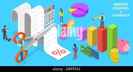 3D Isometric Flat Vector Conceptual Illustration of Rebates Coupons and Cashback, Loyality Program, Online Shop Promotion. Stock Vector