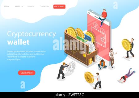 Flat isometric vector landing page template of cryptocurrency wallet, blockchain, cryptocurrency mining, crypto exchange. Stock Vector