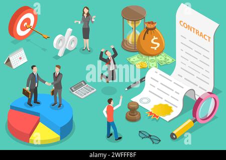 3D Isometric Flat Vector Conceptual Illustration of Checking and Signing Contract, Deal Agreement. Stock Vector