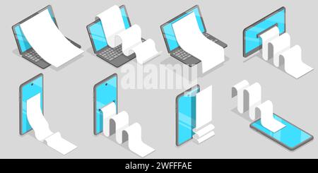 3D Isometric Flat Vector Conceptual Illustration of Bill Payment, Online Banking, Template of Receipts in Front of Mobile Phone, Laptop and Computer M Stock Vector
