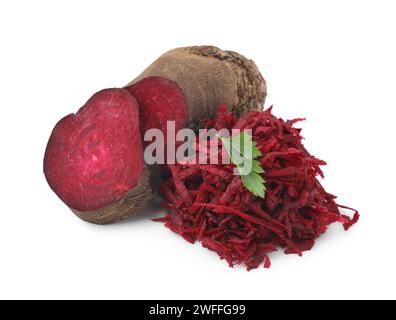 Cut and grated red beets isolated on white Stock Photo