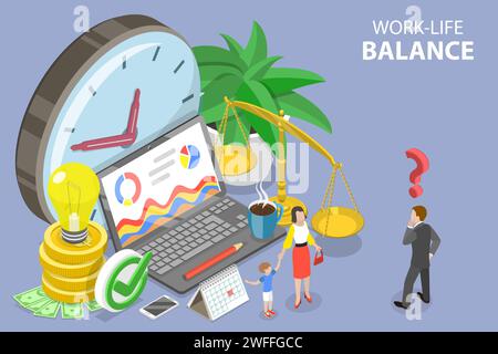 3D Isometric Flat Vector Conceptual Illustration of Work-Life Balance, Time Management. Stock Vector