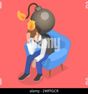 3D Isometric Flat Vector Conceptual Illustration of Personal Burnout, Exhausted and Frustrated Man. Stock Vector