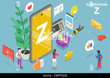 3D Isometric Flat Vector Conceptual Illustration of Generation Z, Zoomers. Stock Vector