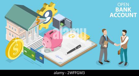 3D Isometric Flat Vector Conceptual Illustration of Open Bank Account, Financial Services. Stock Vector