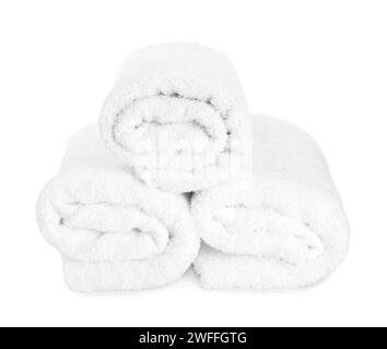 Three rolled terry towels isolated on white Stock Photo