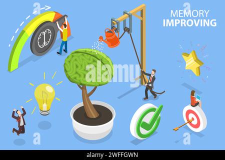 3D Isometric Flat Vector Conceptual Illustration of Memory Improving, Personal Growth, Brain Training. Stock Vector