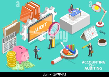 3D Isometric Flat Vector Conceptual Illustration of Accounting and Auditing, Data Analytics, Company Performance Analysis. Stock Vector