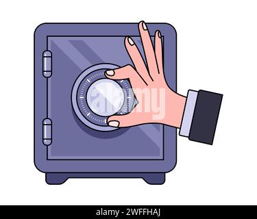 open the safe by hand. crack a safe with money. flat vector illustration. Stock Vector