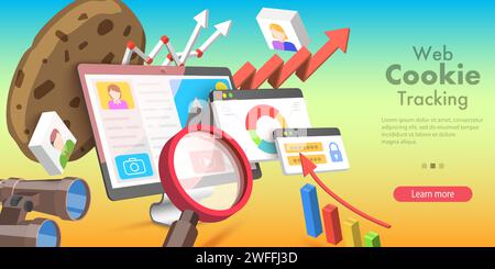 3D Vector Conceptual Illustration of Web Cookie Tracking, Internet Cookies Technology. Stock Vector