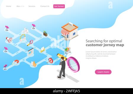 Isometric flat vector landing page template for serching for optimal customer journey, digital marketing campaign, promotion, advertisment. Stock Vector